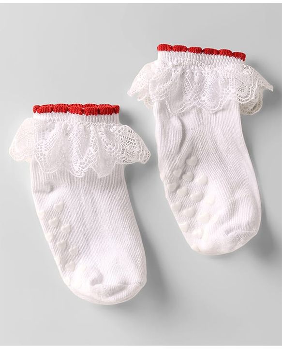 Cute Walk by Babyhug Knit Anti Bacterial Ankle Length Anti Skid Frill Socks Pack of 3 - White & Red