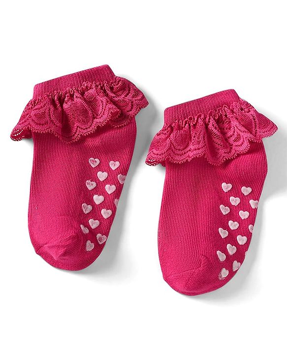 Cute Walk By Babyhug Cotton Knit Anti Bacterial Ankle Length Socks With Lace Detailing & Heart Design Pack Of 3 - Multi Colour