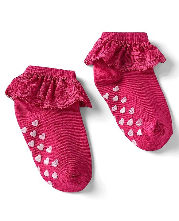 Cute Walk By Babyhug Cotton Knit Anti Bacterial Ankle Length Socks With Lace Detailing & Heart Design Pack Of 3 - Multi Colour