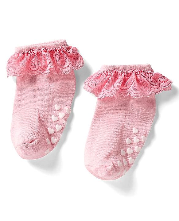 Cute Walk By Babyhug Cotton Knit Anti Bacterial Ankle Length Socks With Lace Detailing & Heart Design Pack Of 3 - Multi Colour