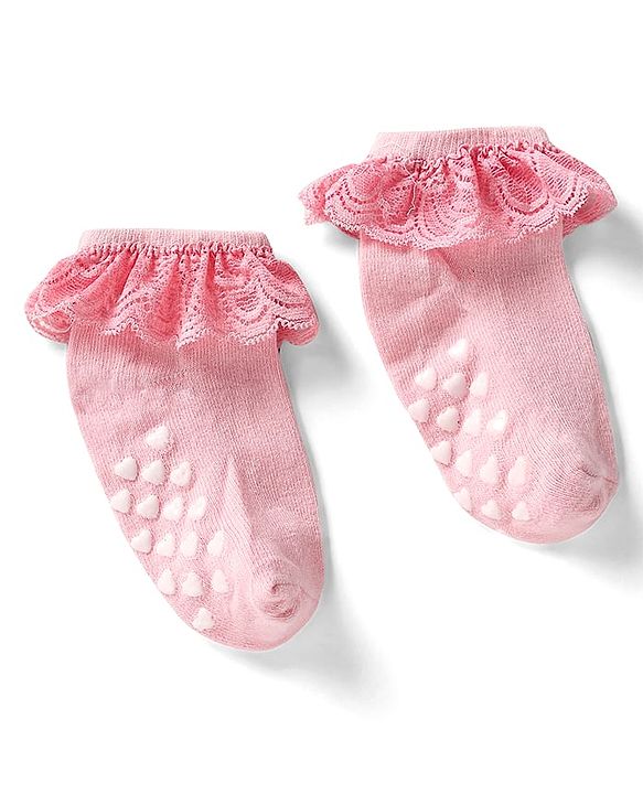 Cute Walk By Babyhug Cotton Knit Anti Bacterial Ankle Length Socks With Lace Detailing & Heart Design Pack Of 3 - Multi Colour
