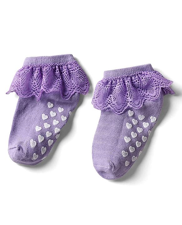 Cute Walk By Babyhug Cotton Knit Anti Bacterial Ankle Length Socks With Lace Detailing & Heart Design Pack Of 3 - Multi Colour