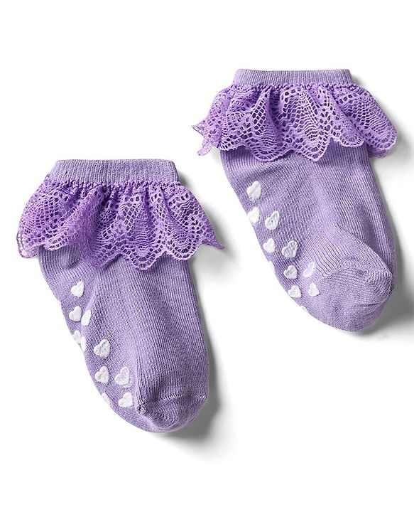 Cute Walk By Babyhug Cotton Knit Anti Bacterial Ankle Length Socks With Lace Detailing & Heart Design Pack Of 3 - Multi Colour