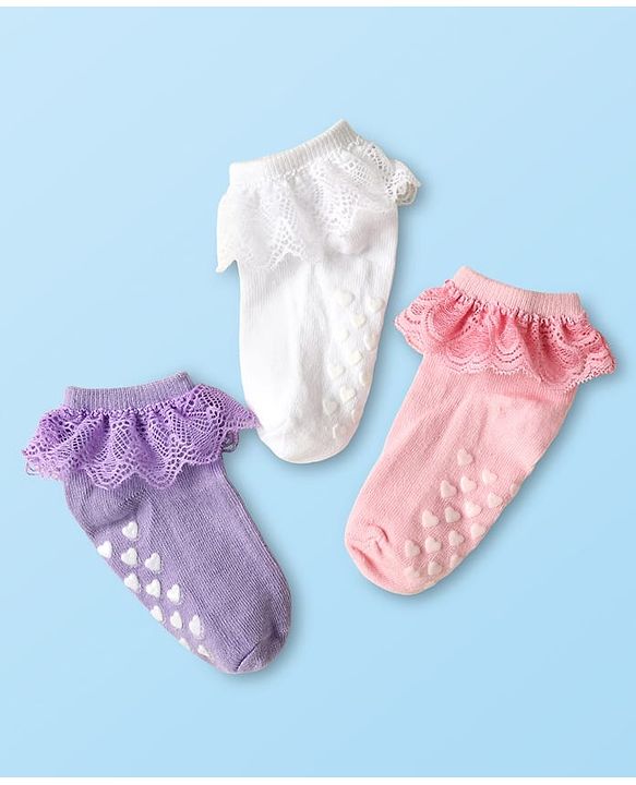 Cute Walk By Babyhug Knit Ankle Length Anti Bacterial Anti Skid Frill Socks Pack of 3 - Pink Purple & White