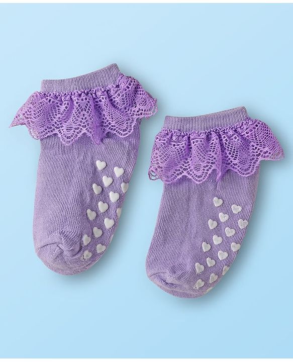 Cute Walk By Babyhug Knit Ankle Length Anti Bacterial Anti Skid Frill Socks Pack of 3 - Pink Purple & White