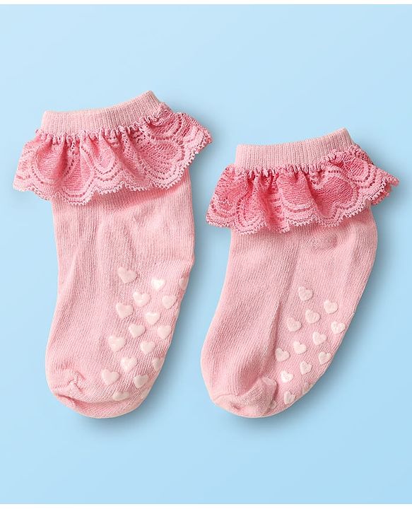 Cute Walk By Babyhug Knit Ankle Length Anti Bacterial Anti Skid Frill Socks Pack of 3 - Pink Purple & White