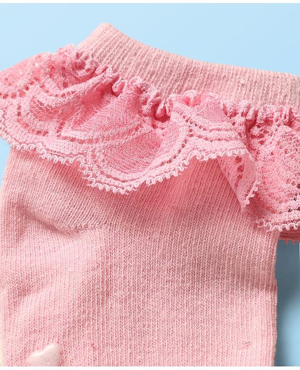 Cute Walk By Babyhug Knit Ankle Length Anti Bacterial Anti Skid Frill Socks Pack of 3 - Pink Purple & White