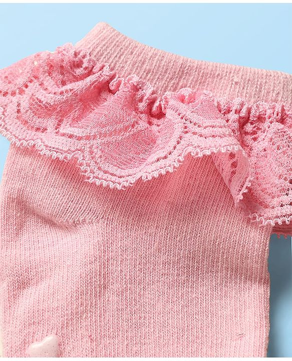 Cute Walk By Babyhug Knit Ankle Length Anti Bacterial Anti Skid Frill Socks Pack of 3 - Pink Purple & White