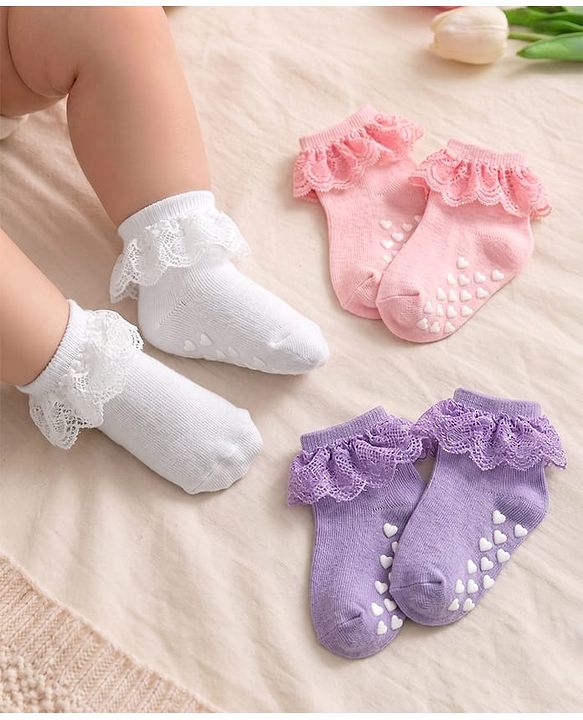 Cute Walk By Babyhug Knit Ankle Length Anti Bacterial Anti Skid Frill Socks Pack of 3 - Pink Purple & White