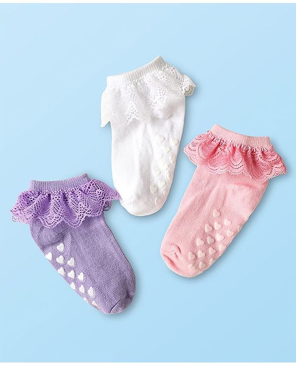 Cute Walk By Babyhug Knit Ankle Length Anti Bacterial Anti Skid Frill Socks Pack of 3 - Pink Purple & White