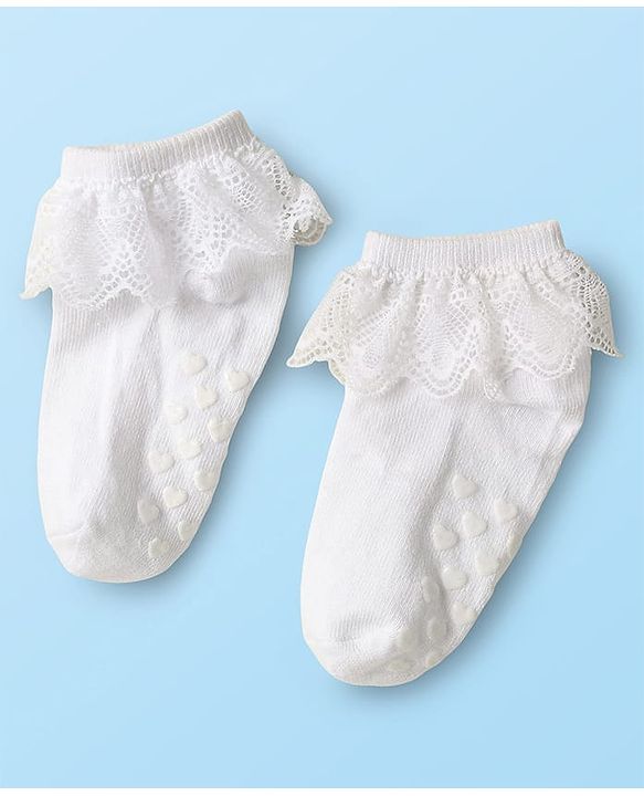 Cute Walk By Babyhug Knit Ankle Length Anti Bacterial Anti Skid Frill Socks Pack of 3 - Pink Purple & White