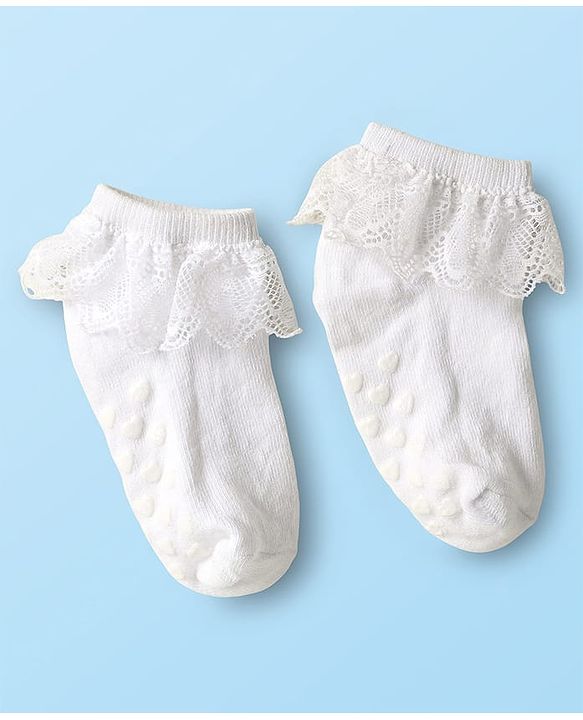 Cute Walk By Babyhug Knit Ankle Length Anti Bacterial Anti Skid Frill Socks Pack of 3 - Pink Purple & White