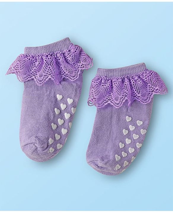Cute Walk By Babyhug Knit Ankle Length Anti Bacterial Anti Skid Frill Socks Pack of 3 - Pink Purple & White