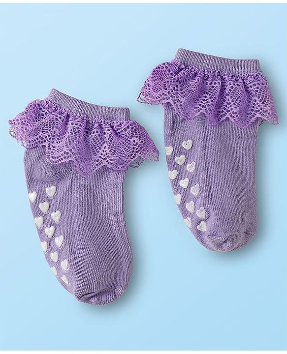 Cute Walk By Babyhug Knit Ankle Length Anti Bacterial Anti Skid Frill Socks Pack of 3 - Pink Purple & White