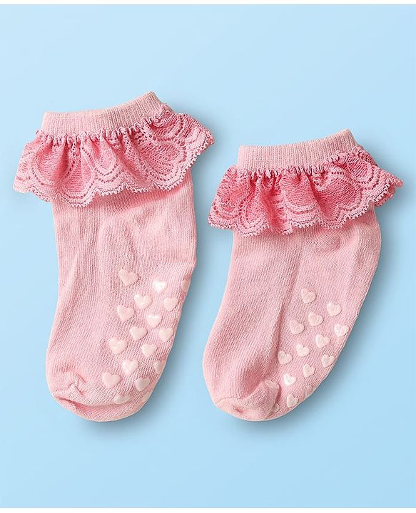 Cute Walk By Babyhug Knit Ankle Length Anti Bacterial Anti Skid Frill Socks Pack of 3 - Pink Purple & White