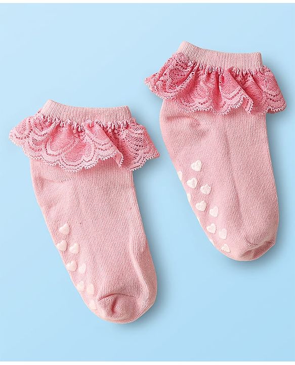 Cute Walk By Babyhug Knit Ankle Length Anti Bacterial Anti Skid Frill Socks Pack of 3 - Pink Purple & White