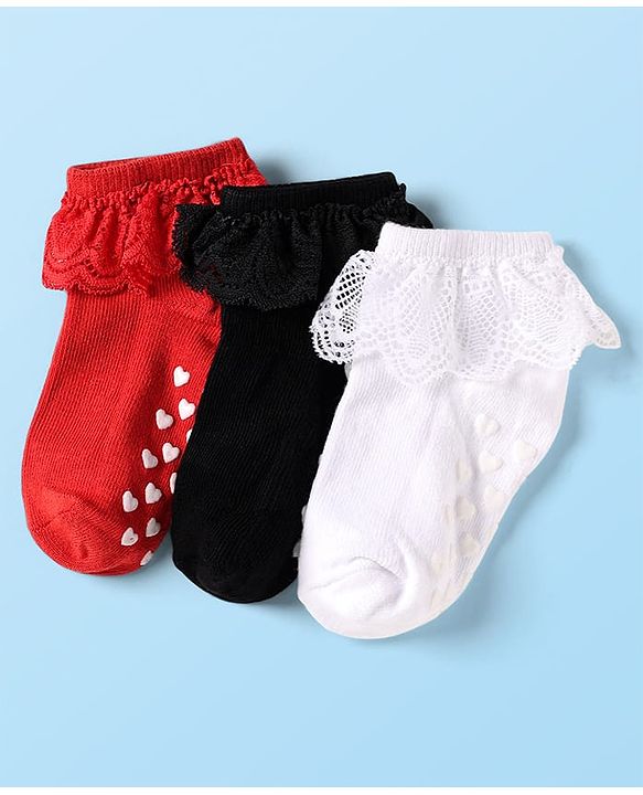 Cute Walk by Babyhug Knit Ankle Length Anti Skid Anti Bacterial Socks with Frill Detailing Pack of 3 - Red Black & White