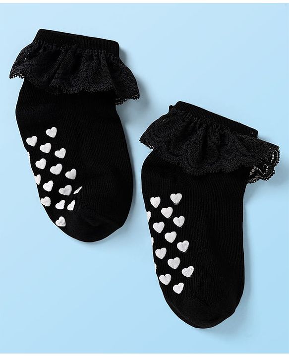 Cute Walk by Babyhug Knit Ankle Length Anti Skid Anti Bacterial Socks with Frill Detailing Pack of 3 - Red Black & White