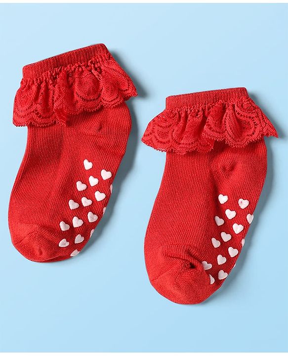 Cute Walk by Babyhug Knit Ankle Length Anti Skid Anti Bacterial Socks with Frill Detailing Pack of 3 - Red Black & White