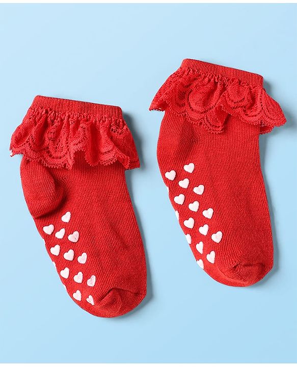 Cute Walk by Babyhug Knit Ankle Length Anti Skid Anti Bacterial Socks with Frill Detailing Pack of 3 - Red Black & White