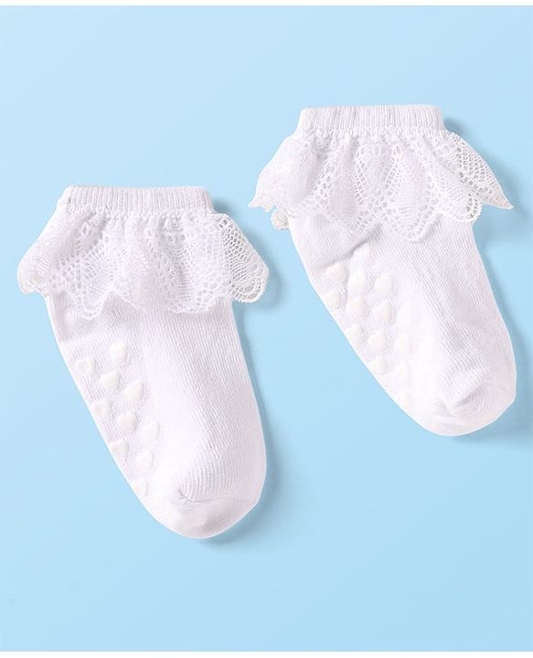 Cute Walk by Babyhug Knit Ankle Length Anti Skid Anti Bacterial Socks with Frill Detailing Pack of 3 - Red Black & White