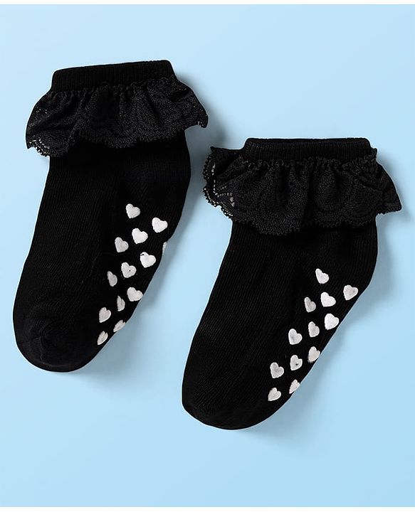 Cute Walk by Babyhug Knit Ankle Length Anti Skid Anti Bacterial Socks with Frill Detailing Pack of 3 - Red Black & White