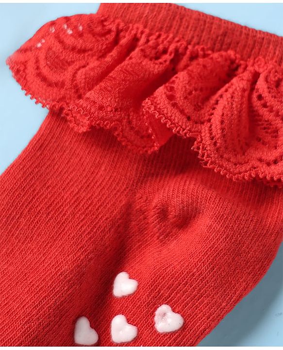Cute Walk by Babyhug Knit Ankle Length Anti Skid Anti Bacterial Socks with Frill Detailing Pack of 3 - Red Black & White