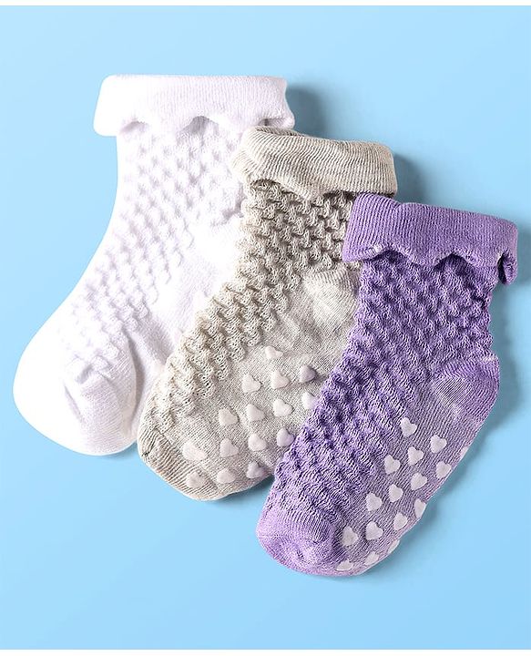 Cute Walk by Babyhug Knit Ankle Length Anti Skid Anti Bacterial Socks with Cable Knit Design Pack of 3 - Purple Grey & White