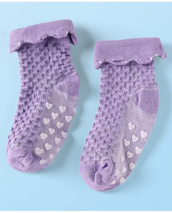 Cute Walk by Babyhug Knit Ankle Length Anti Skid Anti Bacterial Socks with Cable Knit Design Pack of 3 - Purple Grey & White