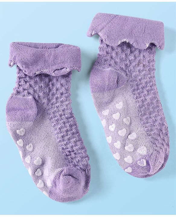Cute Walk by Babyhug Knit Ankle Length Anti Skid Anti Bacterial Socks with Cable Knit Design Pack of 3 - Purple Grey & White