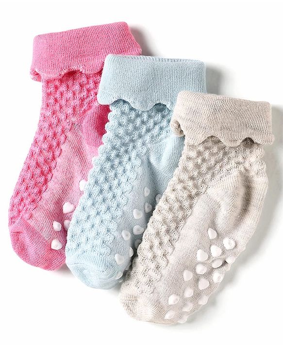 Cute Walk by Babyhug Knit Ankle Length Anti Skid Anti Bacterial Socks with Cable Knit Design Pack of 3 - Pink Light Blue & Grey