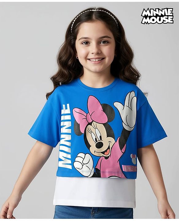 Pine Kids Disney Single Jersey Knit Half Sleeves Oversized Overlapped Drop Shoulder T-Shirt with Tank Top and Minnie Mouse Graphics - Blue & White