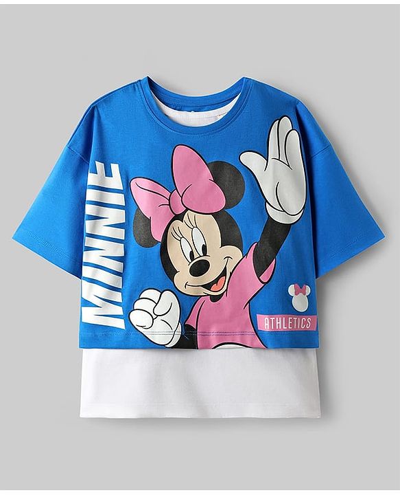 Pine Kids Disney Single Jersey Knit Half Sleeves Oversized Overlapped Drop Shoulder T-Shirt with Tank Top and Minnie Mouse Graphics - Blue & White