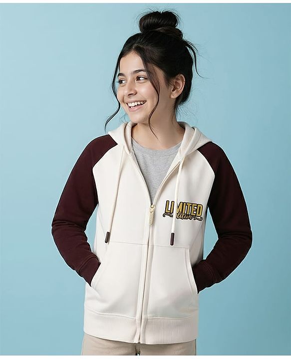 Pine Kids Cotton Knit Full Raglan Sleeves Hooded SweatJacket with Kangaroo Pocket & Foil Print - Multicolor