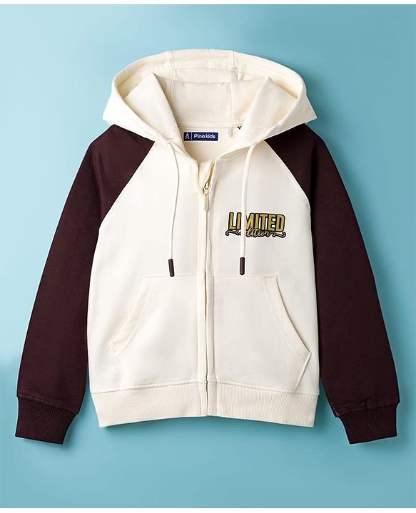 Pine Kids Cotton Knit Full Raglan Sleeves Hooded SweatJacket with Kangaroo Pocket & Foil Print - Multicolor