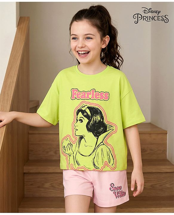 Pine Kids Disney 100% Cotton Oversized Drop Shoulder Half Sleeve Short Night Suit With Disney Princess Graphics - Light Green & Pink