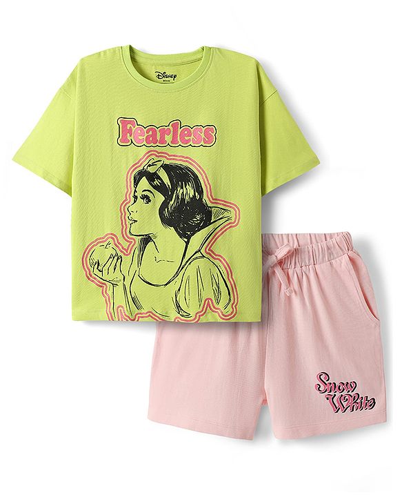 Pine Kids Disney 100% Cotton Oversized Drop Shoulder Half Sleeve Short Night Suit With Disney Princess Graphics - Light Green & Pink
