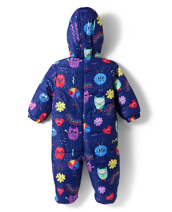 Babyhug Knit Full Sleeves Hooded & Footed Quilted Romper With Fleece Inner Lining & Heart Print - Navy Blue