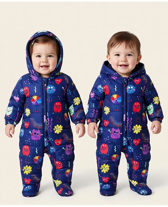 Babyhug Knit Full Sleeves Hooded & Footed Quilted Romper With Fleece Inner Lining & Heart Print - Navy Blue