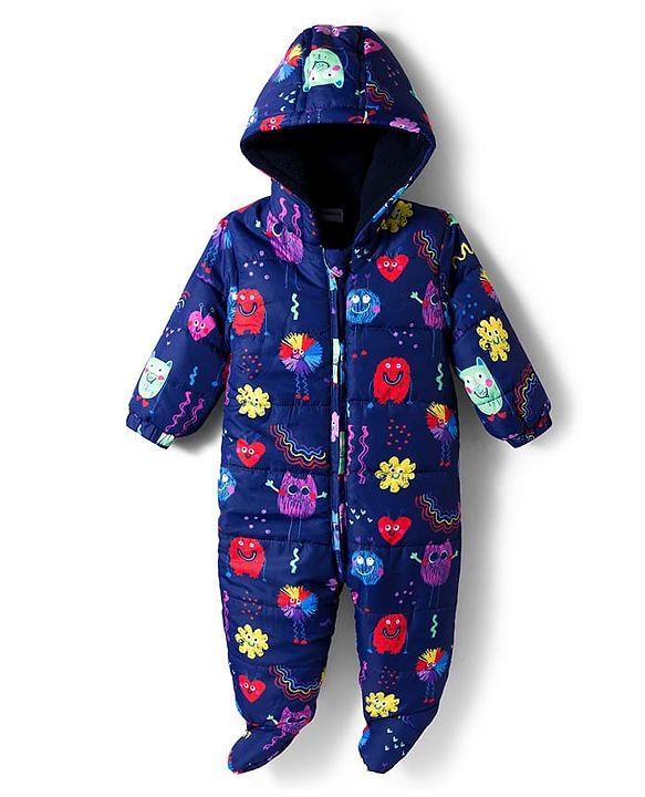 Babyhug Knit Full Sleeves Hooded & Footed Quilted Romper With Fleece Inner Lining & Heart Print - Navy Blue