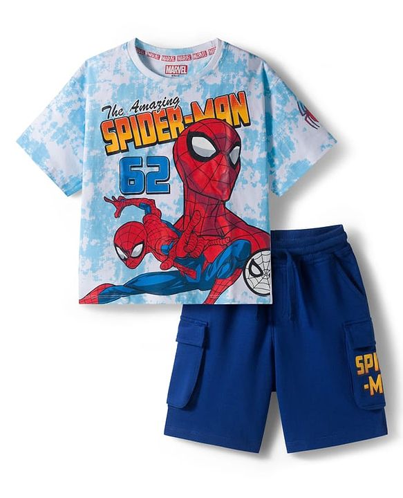 Pine Kids Marvel Single Jersey Knit Drop Shoulder Half Sleeves T-Shirt & Shorts Set with Spider Man Graphic - Blue