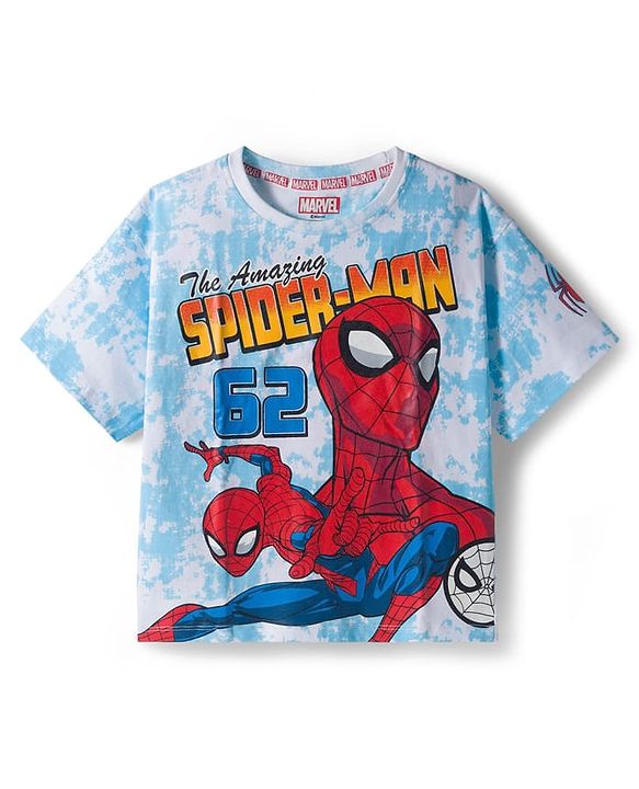 Pine Kids Marvel Single Jersey Knit Drop Shoulder Half Sleeves T-Shirt & Shorts Set with Spider Man Graphic - Blue