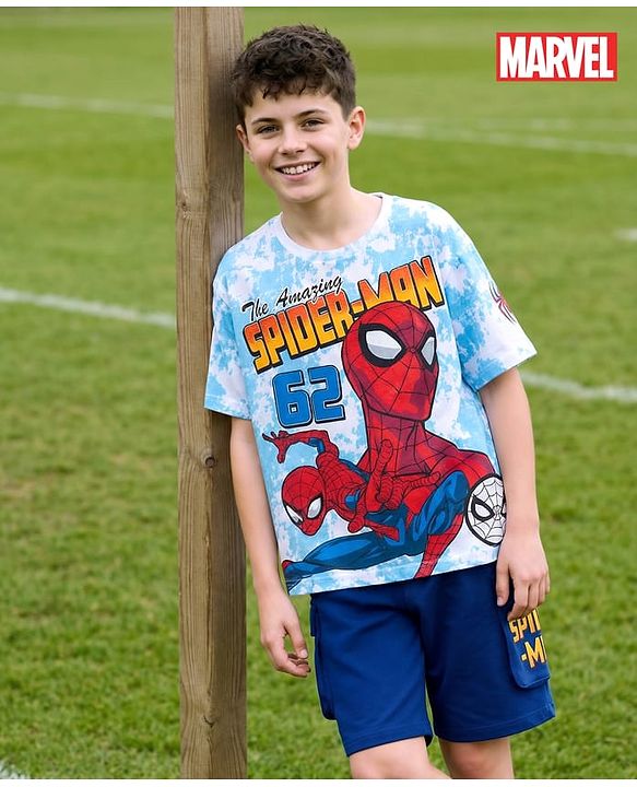 Pine Kids Marvel Single Jersey Knit Drop Shoulder Half Sleeves T-Shirt & Shorts Set with Spider Man Graphic - Blue