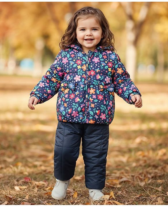 Babyhug Full Sleeves Knit Winter Wear Hooded Jacket & Joggers Set with Floral Print - Navy Blue