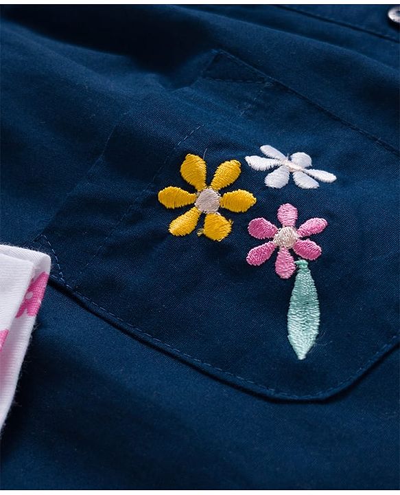 Babyhug Cotton Woven Frock & Full Sleeves Inner Tee With Floral Print & Bunny Embroidery - Blue & White