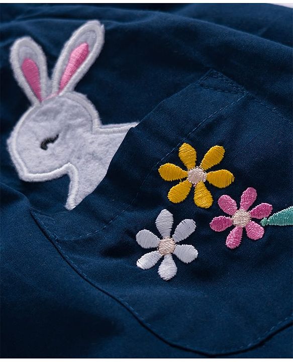 Babyhug Cotton Woven Frock & Full Sleeves Inner Tee With Floral Print & Bunny Embroidery - Blue & White
