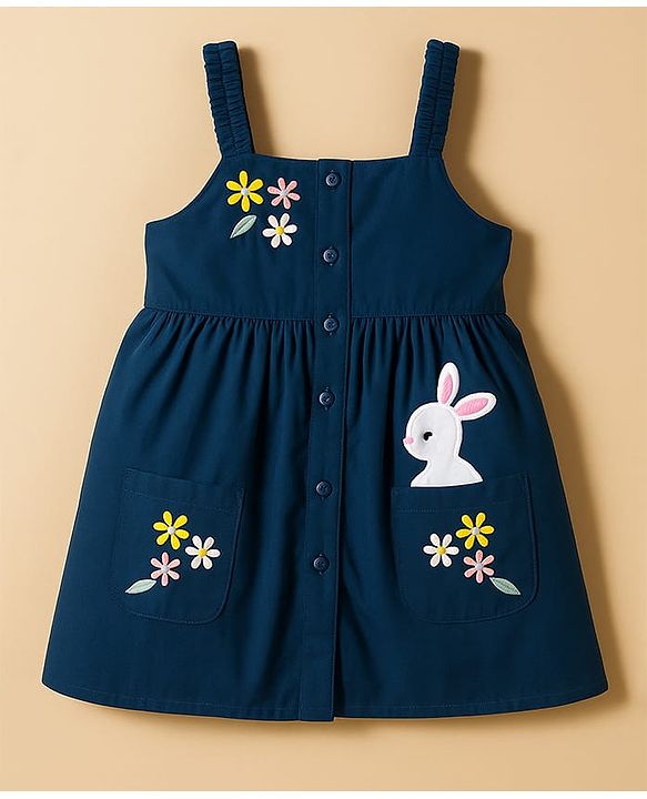 Babyhug Cotton Woven Frock & Full Sleeves Inner Tee With Floral Print & Bunny Embroidery - Blue & White