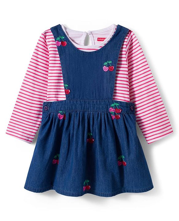 Babyhug Cotton Woven Frock with Full Sleeves Striped Tee & Cherry Embroidery - Navy Blue