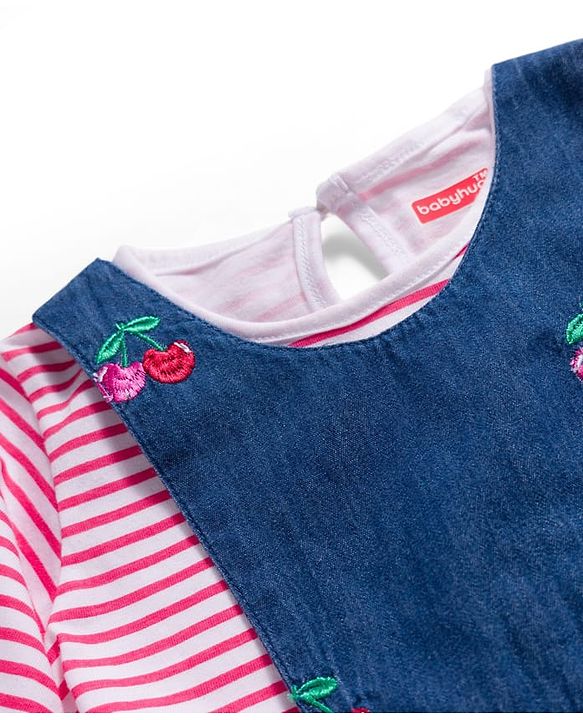 Babyhug Cotton Woven Frock with Full Sleeves Striped Tee & Cherry Embroidery - Navy Blue