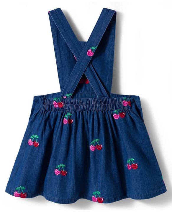 Babyhug Cotton Woven Frock with Full Sleeves Striped Tee & Cherry Embroidery - Navy Blue